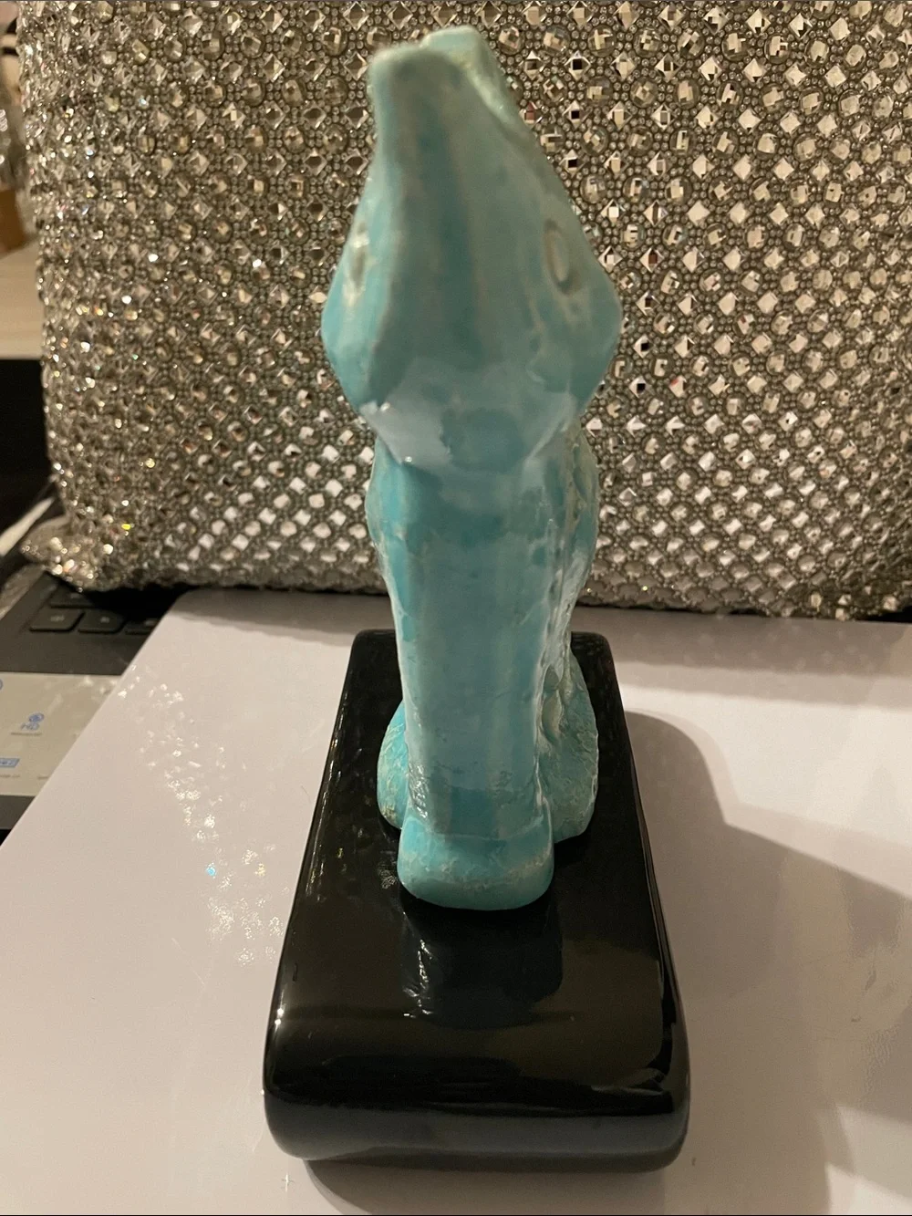 Glazed Turquoise Ceramic Cat Figurine Accent on Black Lacquered Ceramic Stand